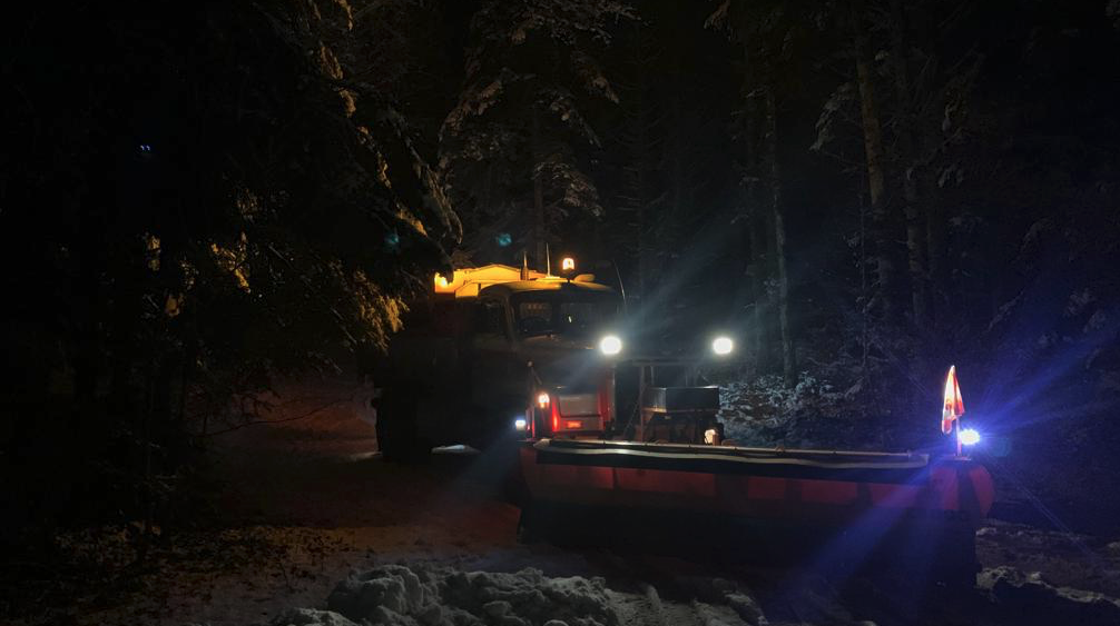 Saurer Winterdienst Schlunegger Nacht Wald